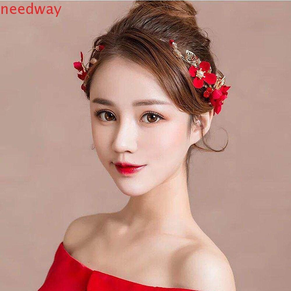 NEEDWAYB Chinês Hanfu Grampos De Cabelo Para Meninas Doce Pérola Cristal Noiva Folha Enfeites Festival