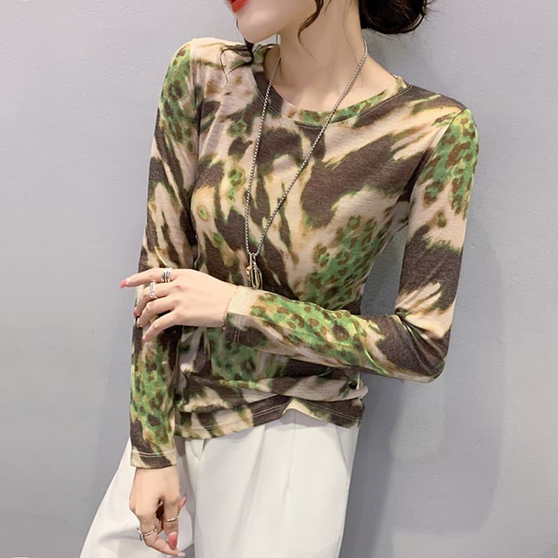 Moda impressa camiseta feminina magro-ajuste All-Match camisa de fundo de manga comprida 2024 primavera novo estilo cont