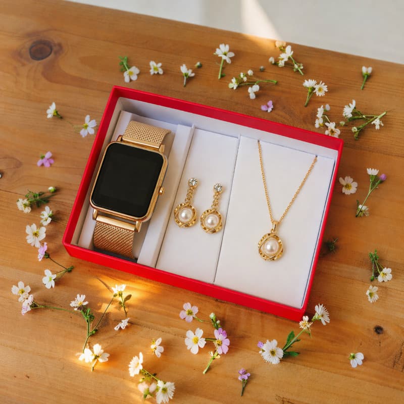 Relógio Led Feminino Dourado e Colar e Brincos de Pérola Elegante