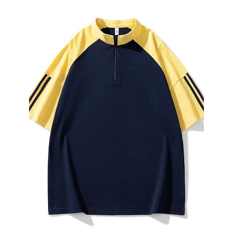 Ao ar livre amarelo azul costura corte esportes de manga curta verão leve secagem rápida listrado meio zíper gola alta c