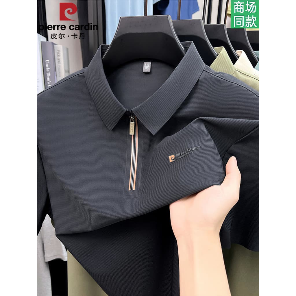Pierre Cardan Lapela Business Casual Cool Stretchy Camisa polo masculina de manga curta com zíper de verão para pai de m