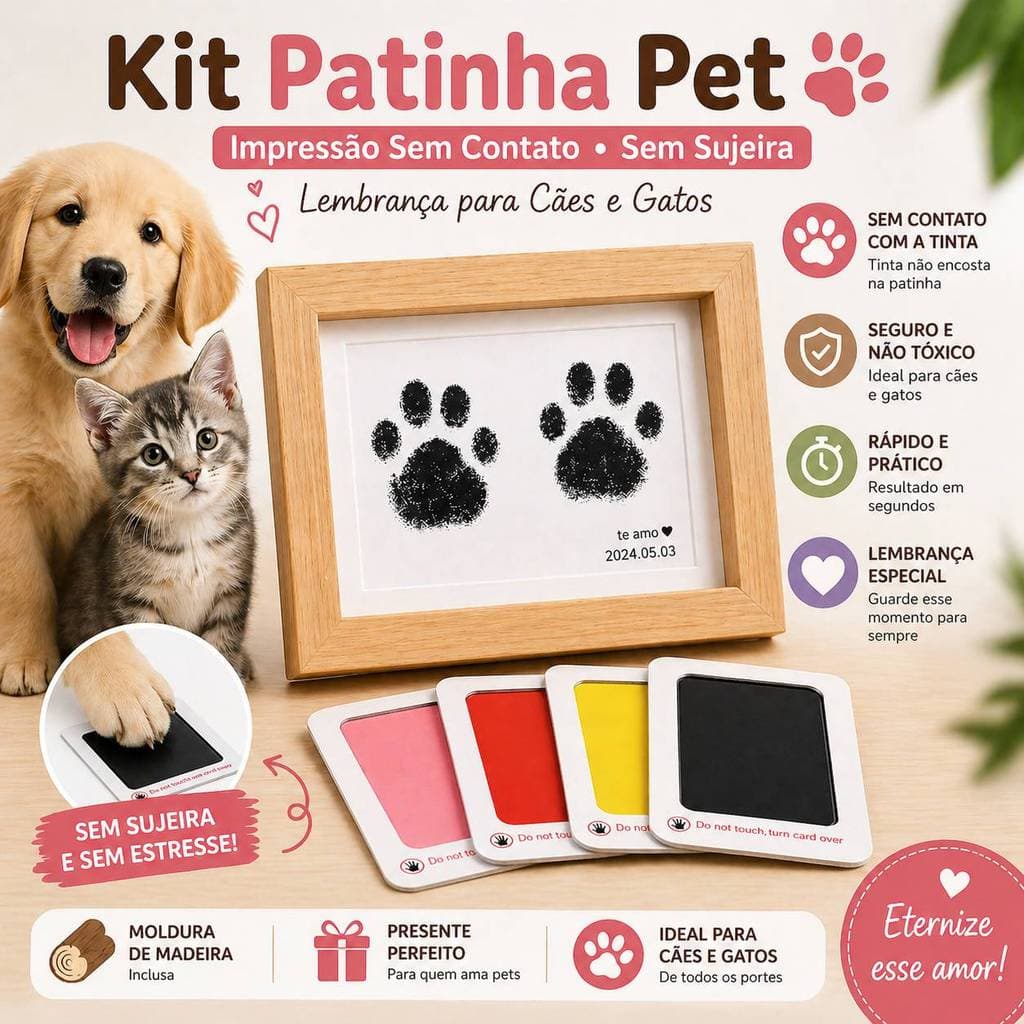 Kit Patinha Pet com Moldura de Madeira | Impressão Sem Contato Sem Sujeira para Cães e Gatos | Porta Retrato Lembrança