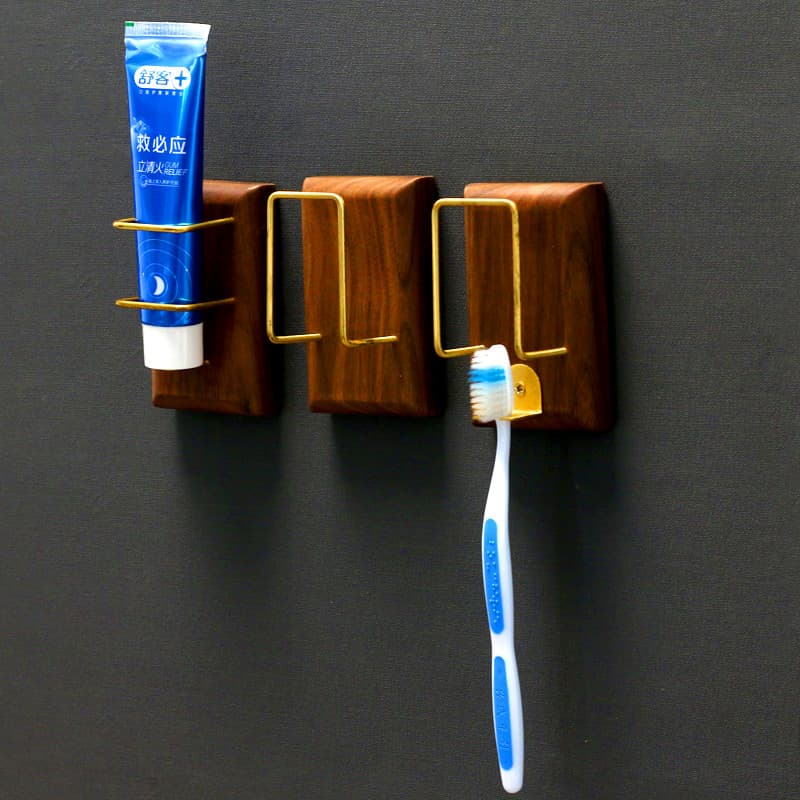 Rack de escova de dentes de latão de madeira maciça sem perfuração toalete fixado na parede copo de escova de dentes