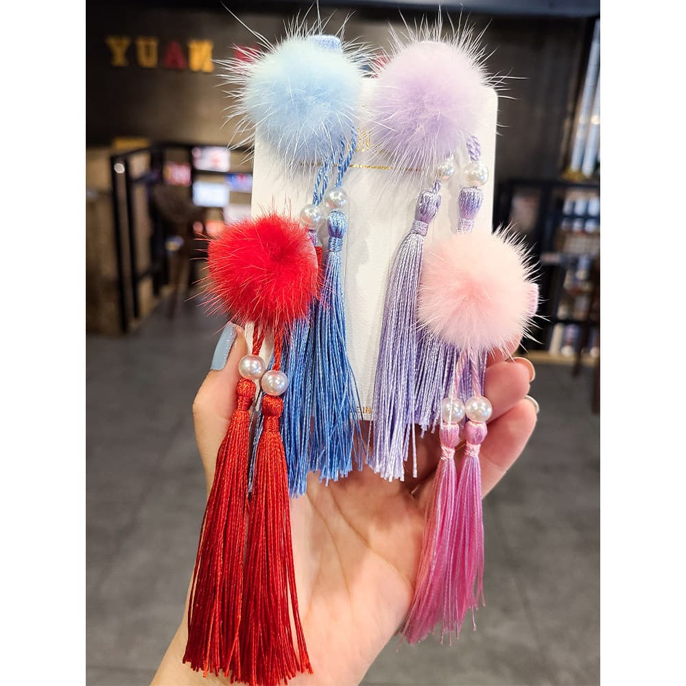 Estilo chinês crianças grampo de cabelo ano novo antigo Hanfu vison bola de cabelo borla par clipe menina férias cocar H