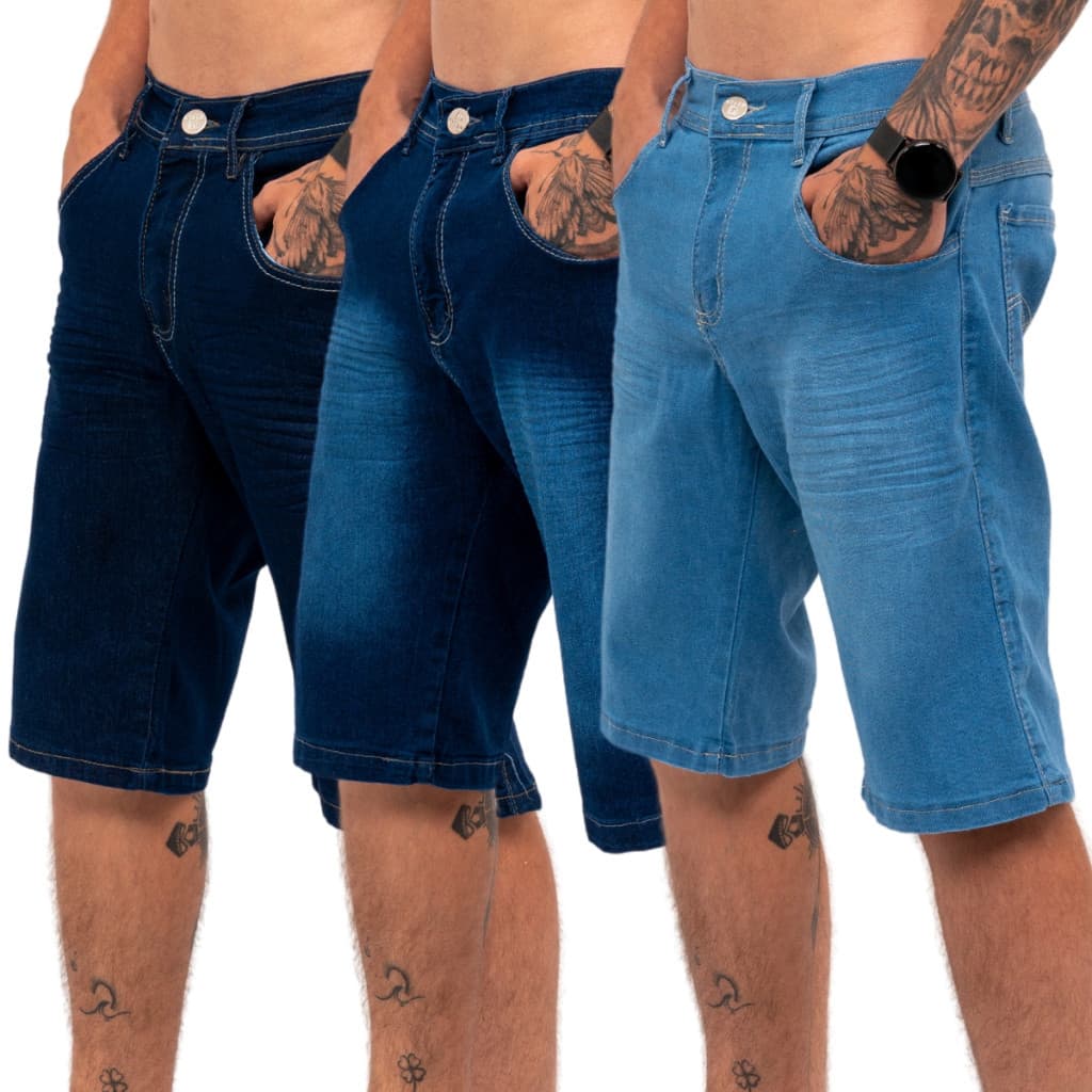 Kit 3 Bermudas Jeans Masculina Lycra Elastano JOGADOR