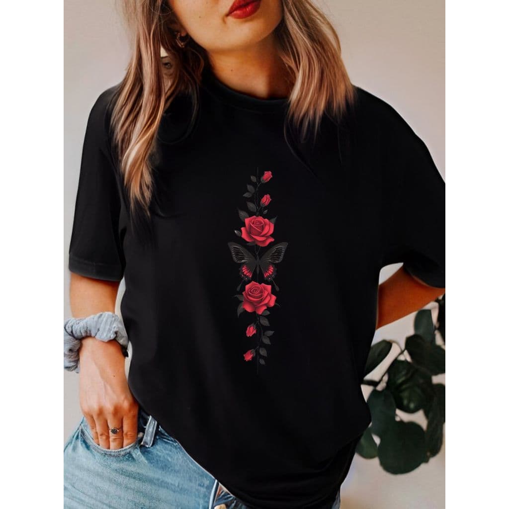 Camiseta Feminina Oversized Borboletas e Flores Estampadas Camisa 100% Algodão Para o dia a dia