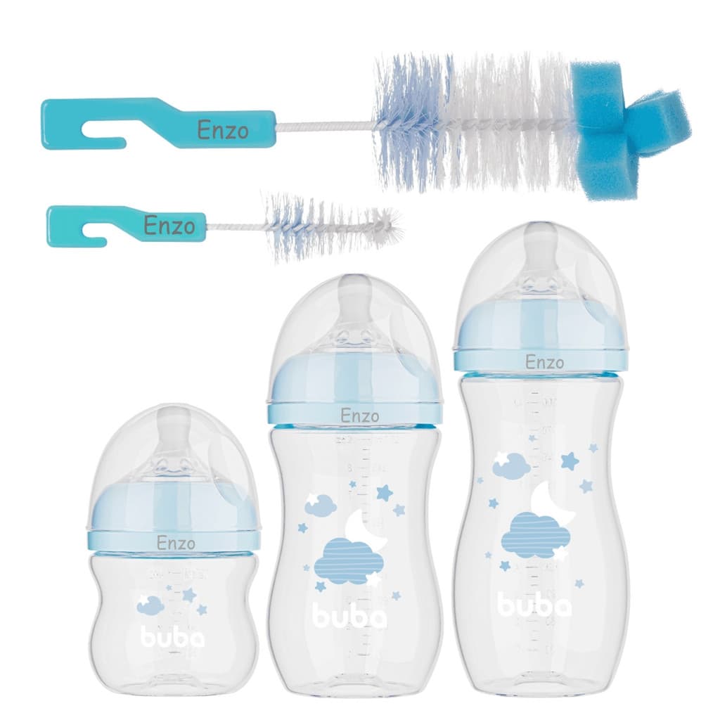 Kit 3 Mamadeiras Easy Flow Nuvem + Escovas de Mamadeira e Bico Buba [Personalizados]