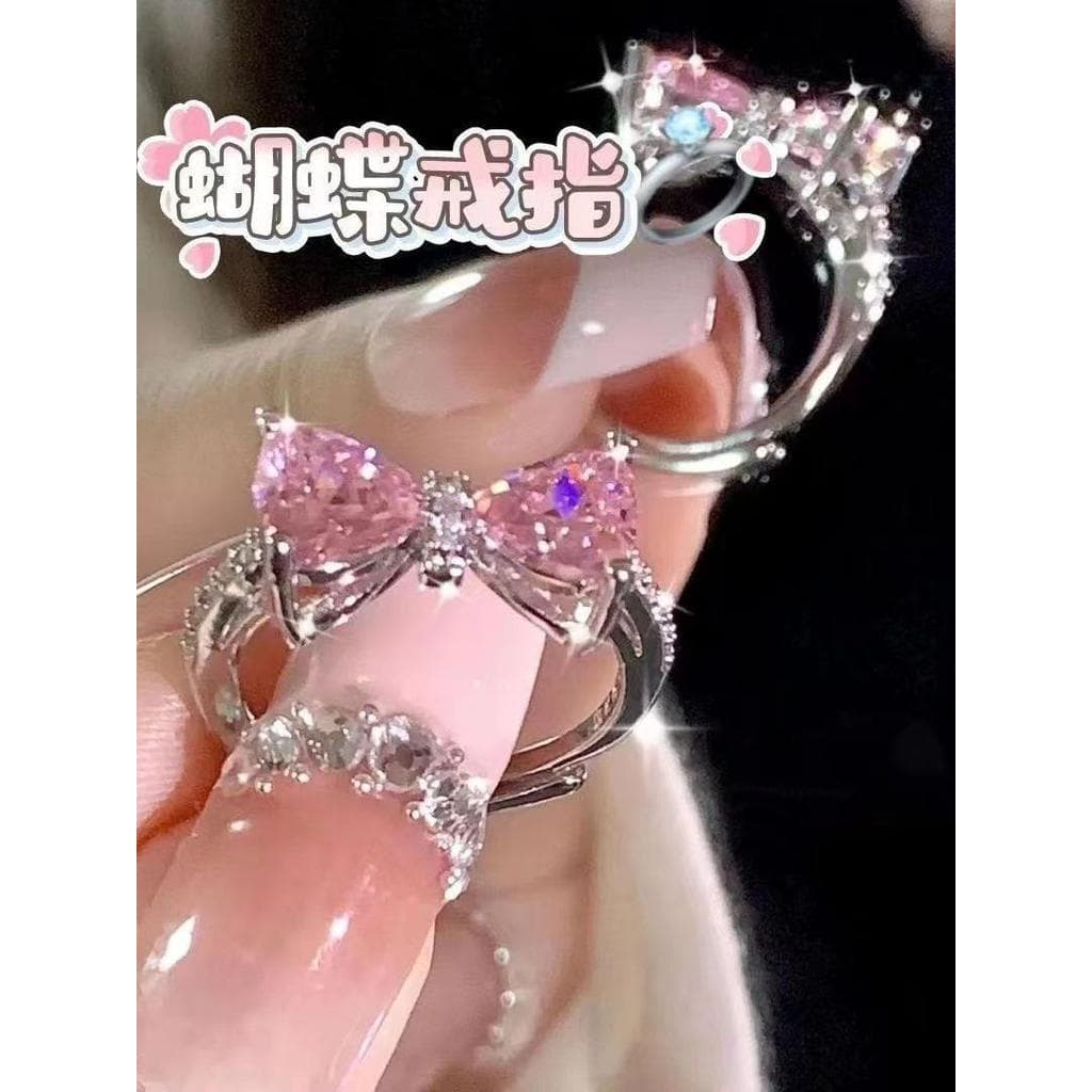 Anel de arco rosa requintado doce menina princesa castelo anel estudante simples namorada presente de aniversário