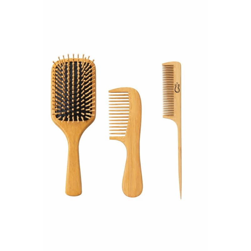 Kit 3 Itens Bambu: Escova + Pente Dentes Finos + Pente Dentes Largos - Barbearia/Salão