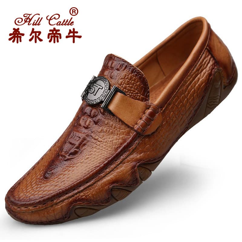 Sapatos de ervilhas masculinos exclusivos novo estilo de couro genuíno sapatos casuais preguiçosos padrão de crocodilo s