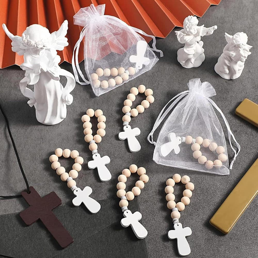 Rosário "Deus Abençoe Primeiro" - Colar de Rosário com Cruz, Pulseira de Rosário com Cruz Católica, Decorações para Fest