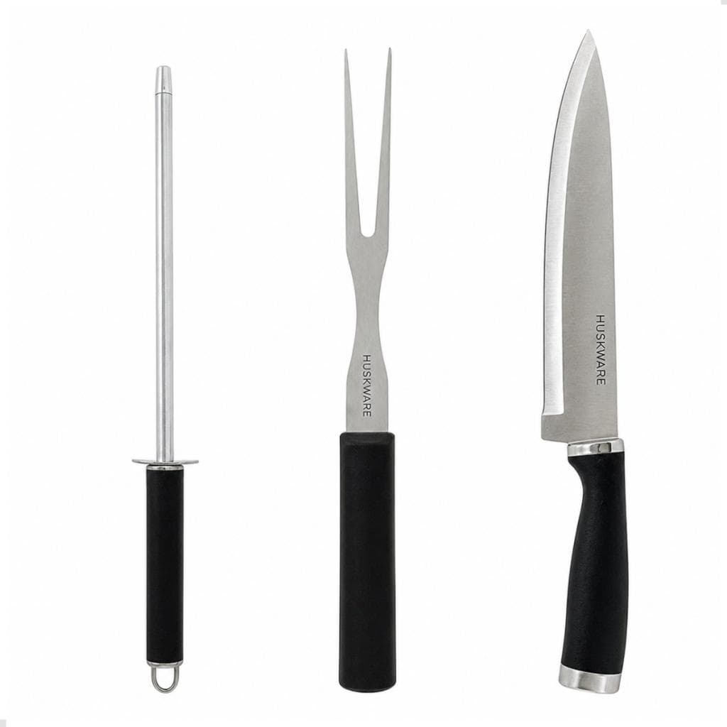 Faca Garfo E Chaira Kit Para Churrasco 3 Peças Preto