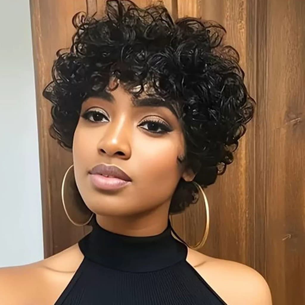 Peruca Afro Curta e Volumosa para Mulheres, Cabelo Cacheado, Peruca de Fibra Sintética Wish