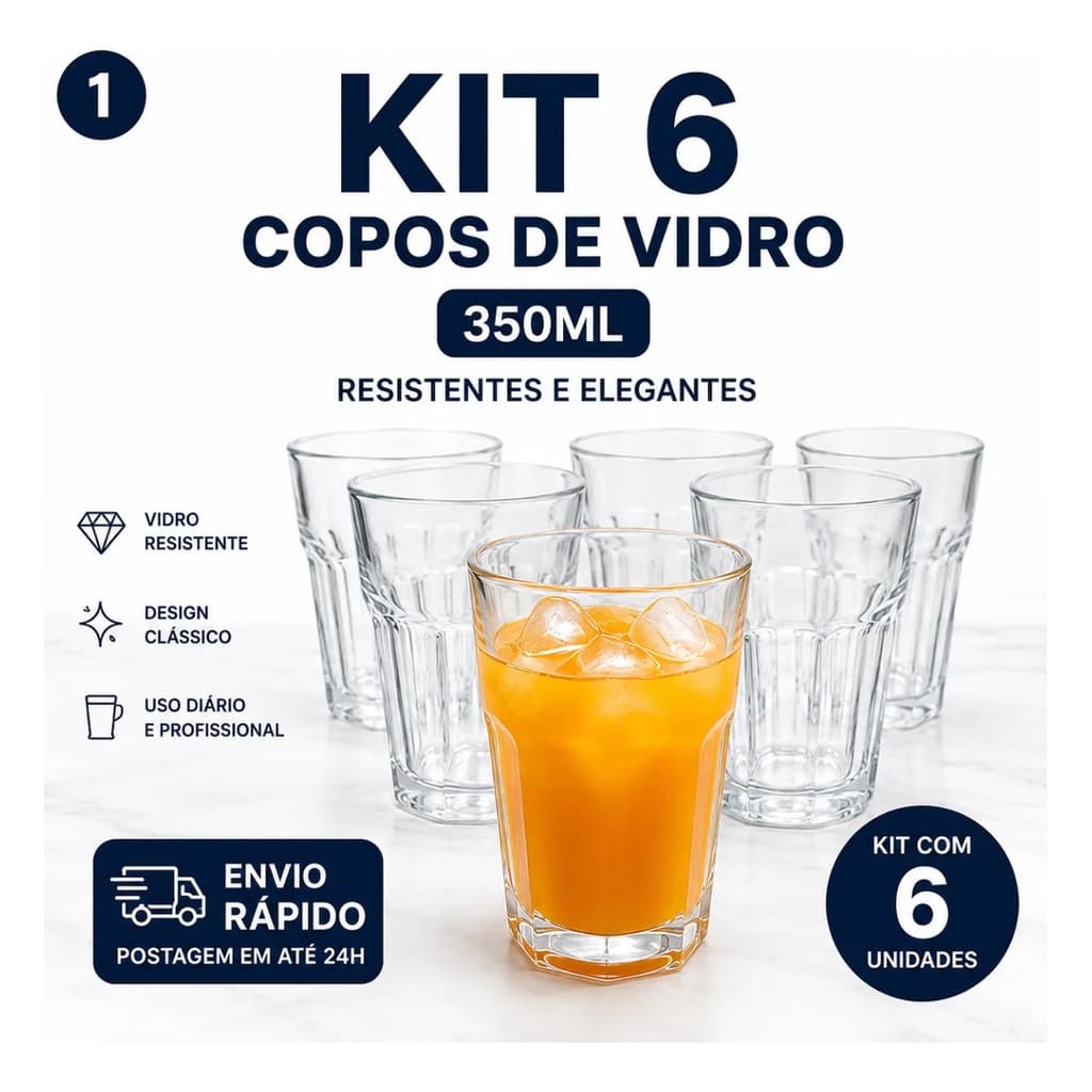 Kit 6 Copos Vidro 350ml Resistente Bar Vitamina Suco Água Drink Reforçado Transparente