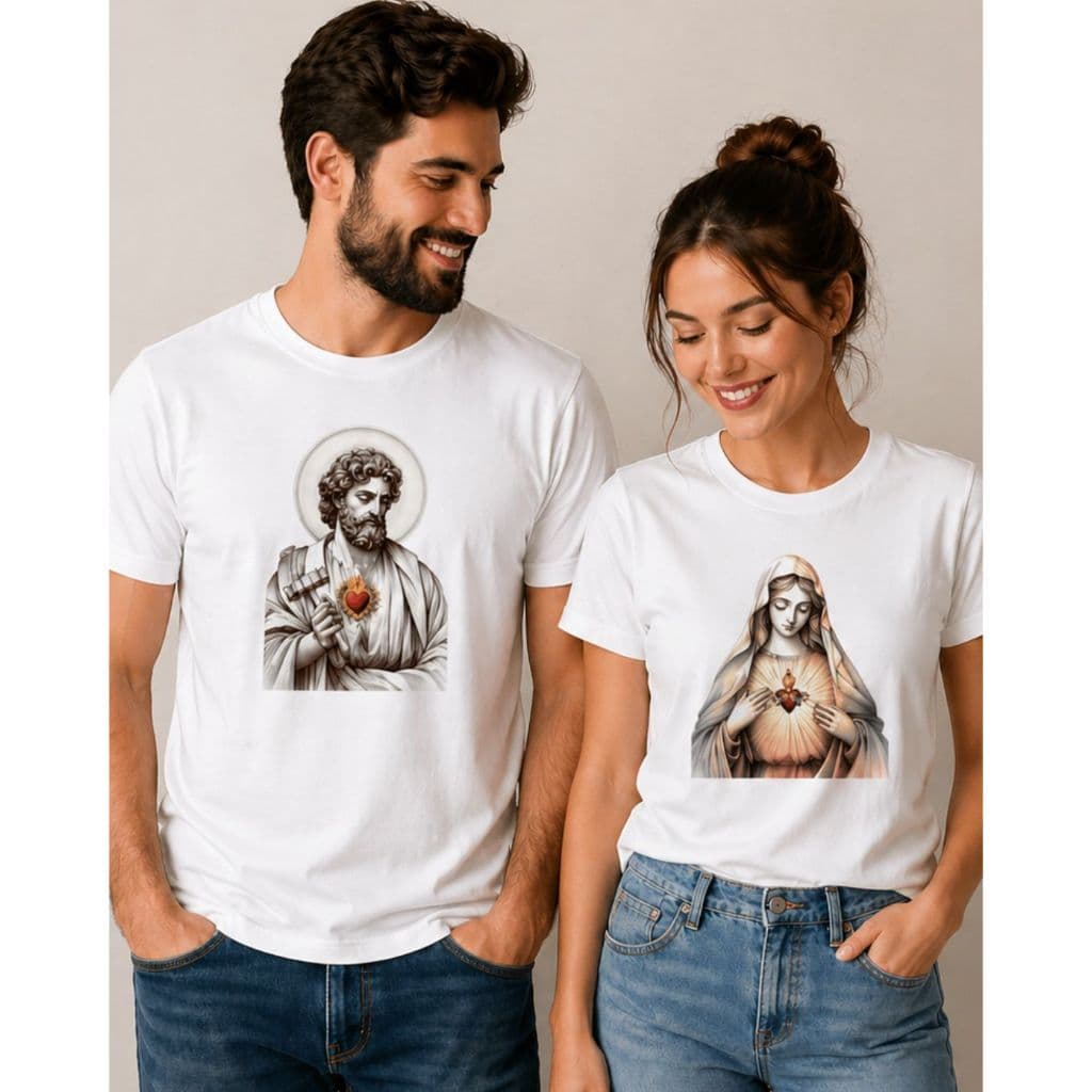 KIT CASAL CATÓLICO CAMISETAS IMACULADO CORAÇÃO DE MARIA E CASTISSÍMO CORAÇÃO DE JOSÉ MALHA PREMIUM ALGODÃO 30.1