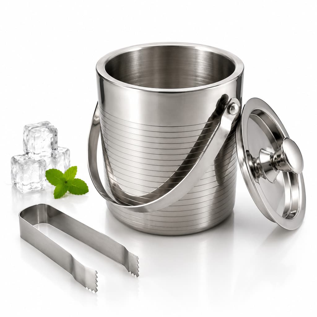 Balde De Gelo Inox 2l Parede Dupla Térmico C/ Tampa Pegador