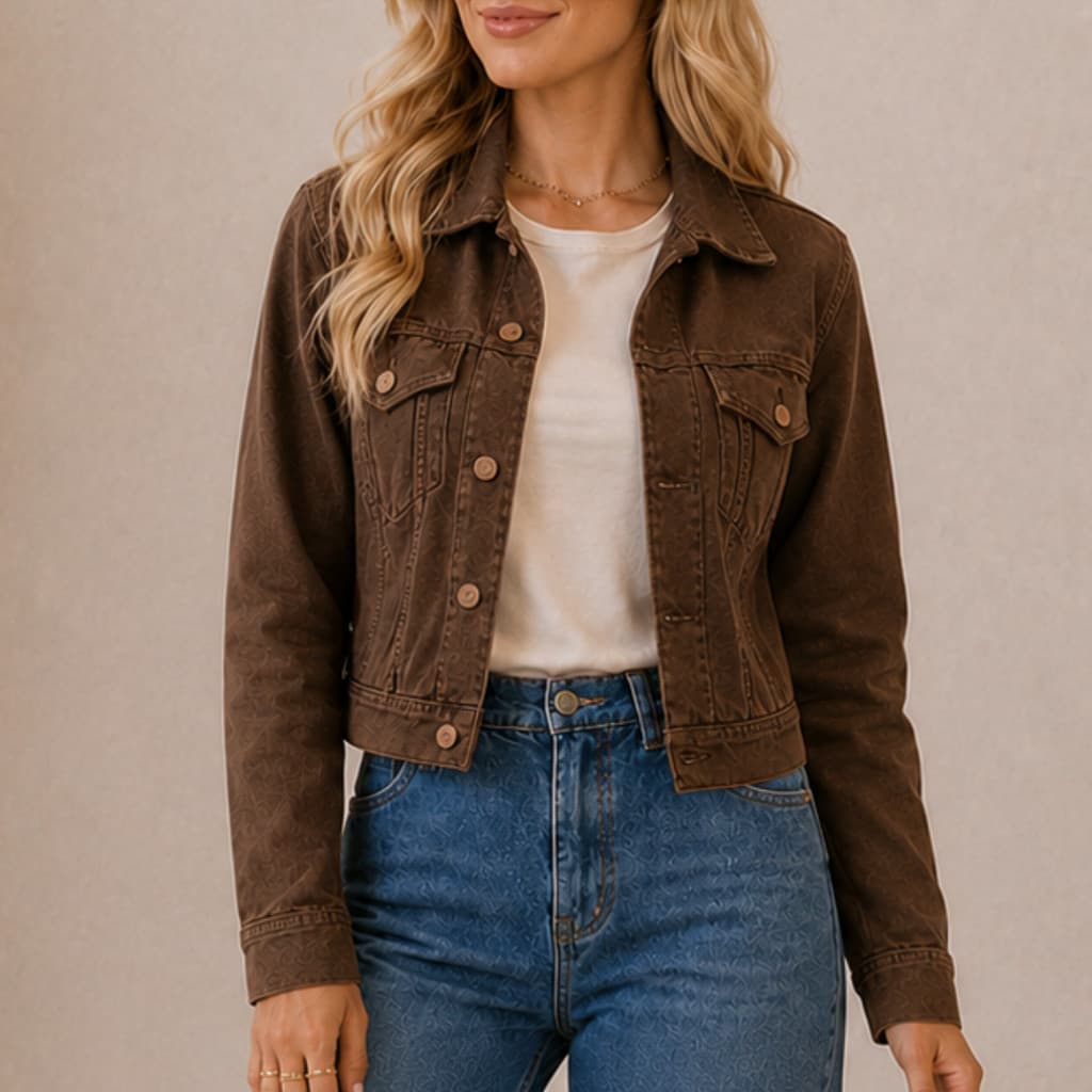 Jaqueta Cropped Jeans Feminina Com Barra e Botão de Ferro