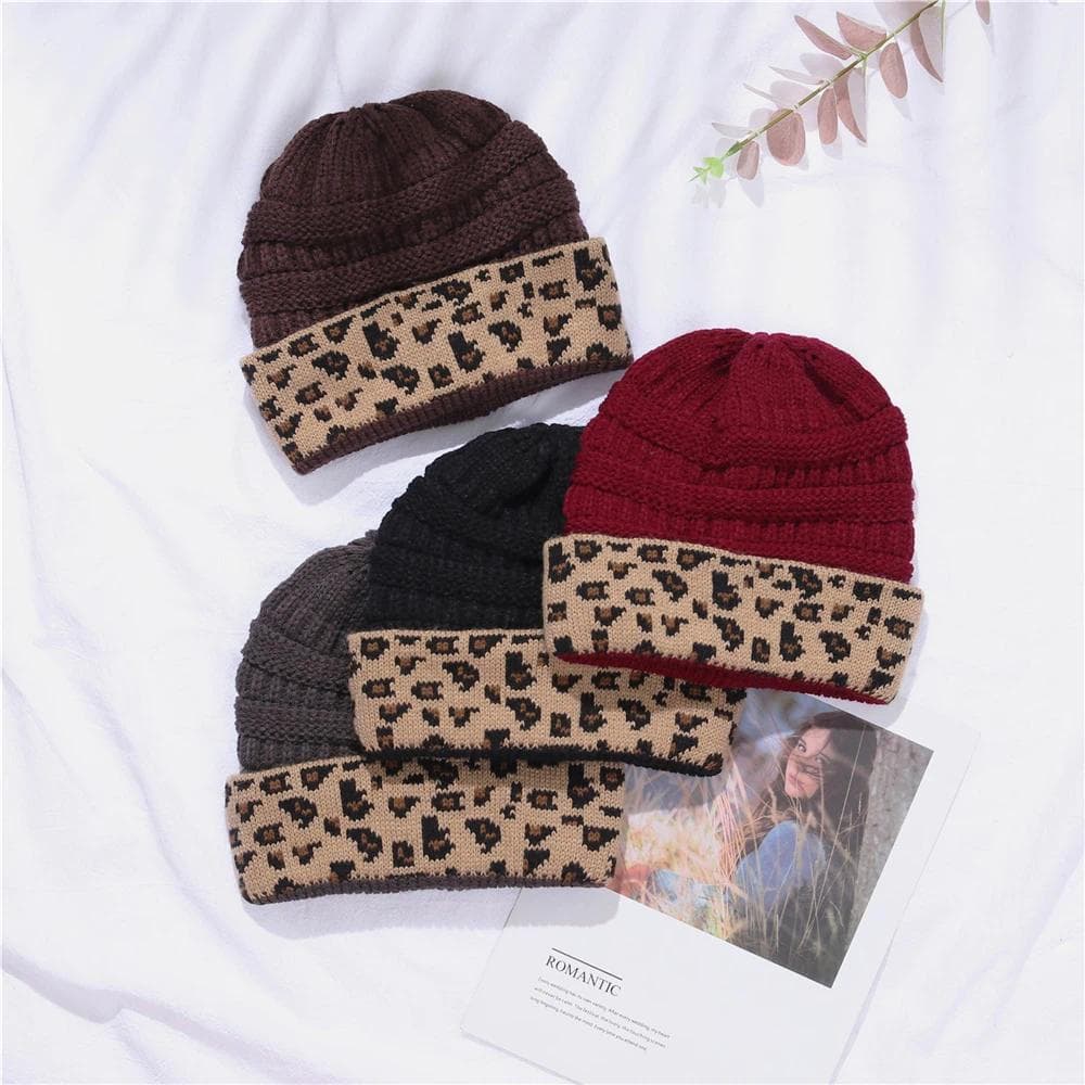 Gorro de Inverno para Mulheres e Homens, Chapéu de Malha de Outono com Estampa de Leopardo, Boné Quente de Crochê para U