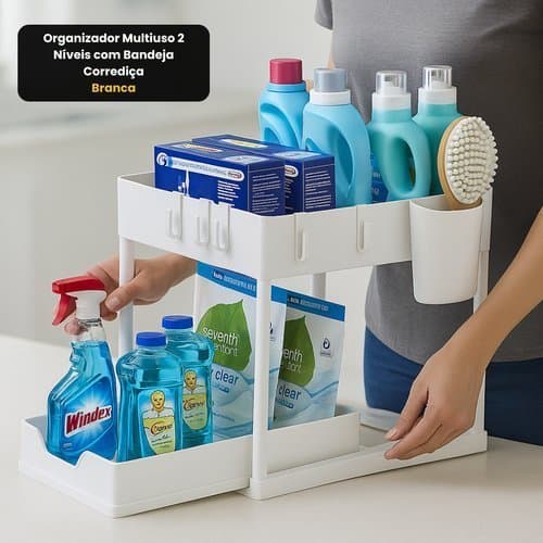 Organizador Multiuso Dois Niveis Bandeja Corredica Branco Pratico Compacto