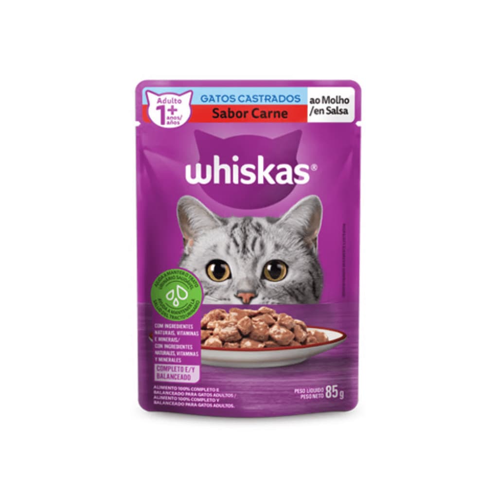 Ração Úmida Whiskas Sachê para Gatos Adultos Castrados sabor Carne ao Molho 85g