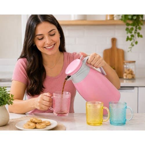 Conjunto Garrafa Termica Compacta 190ml Quente Frio 4 Canecas Vidro Rosa