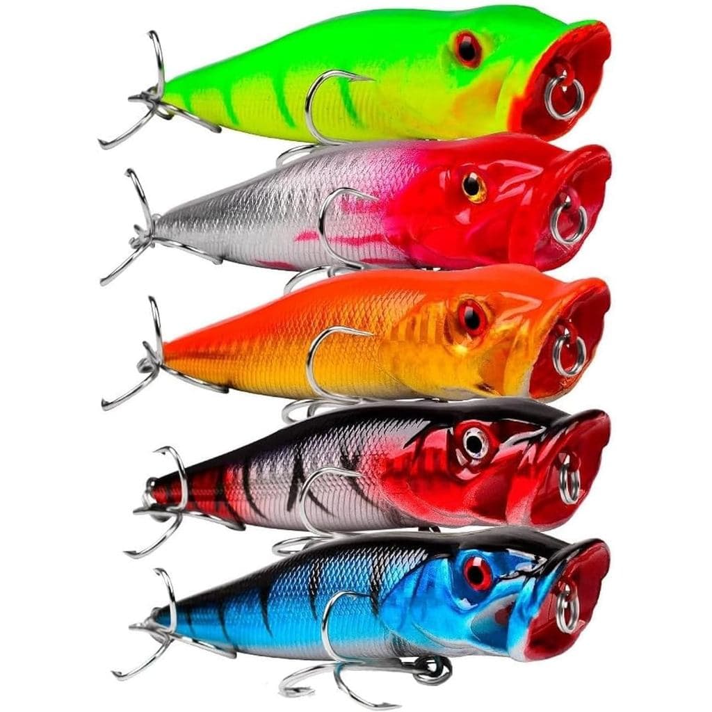 OriGlam 5 peças de iscas rígidas de 9cm com olhos 3D, flutuantes, tipo popper para pesca de superfície, com anzóis tripl