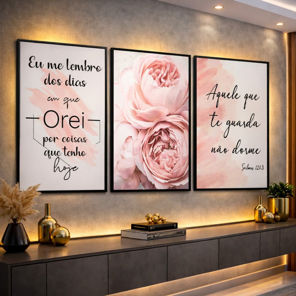 Quadros Decorativos Flores Rosa Eu Me Lembro Dos Dias Sala Quarto 3 Peças