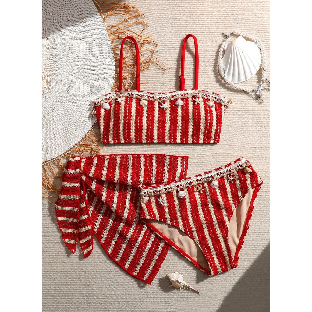 Conjunto De Três Peças Decorado Com Concha Fofa Para Meninas , Maiô Infantil Saias De Praia De 8 A 12 Anos , Roupa De Ba