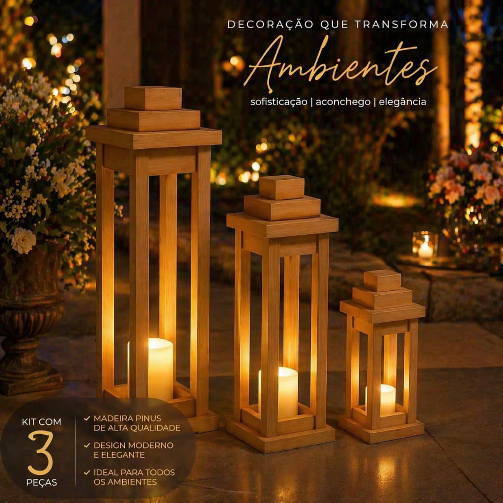 Lanterna Decorativa Madeira Pinus Trio Grande Médio Pequeno Decoração Moderna Rústica
