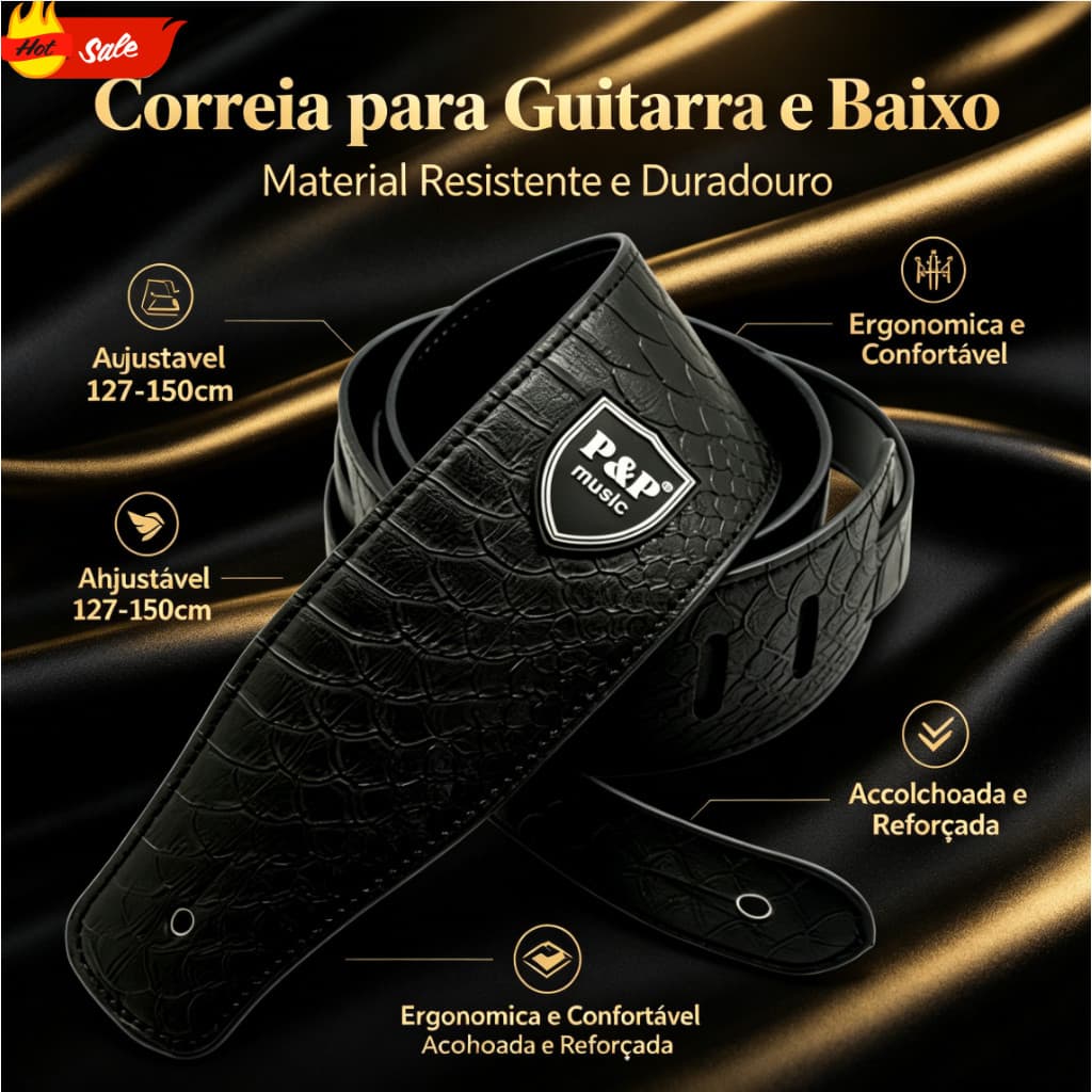 Correia para Guitarra Acústica e Baixo, Ajustável 127-150cm, Confortável e Reforçada para Shows e Estúdio