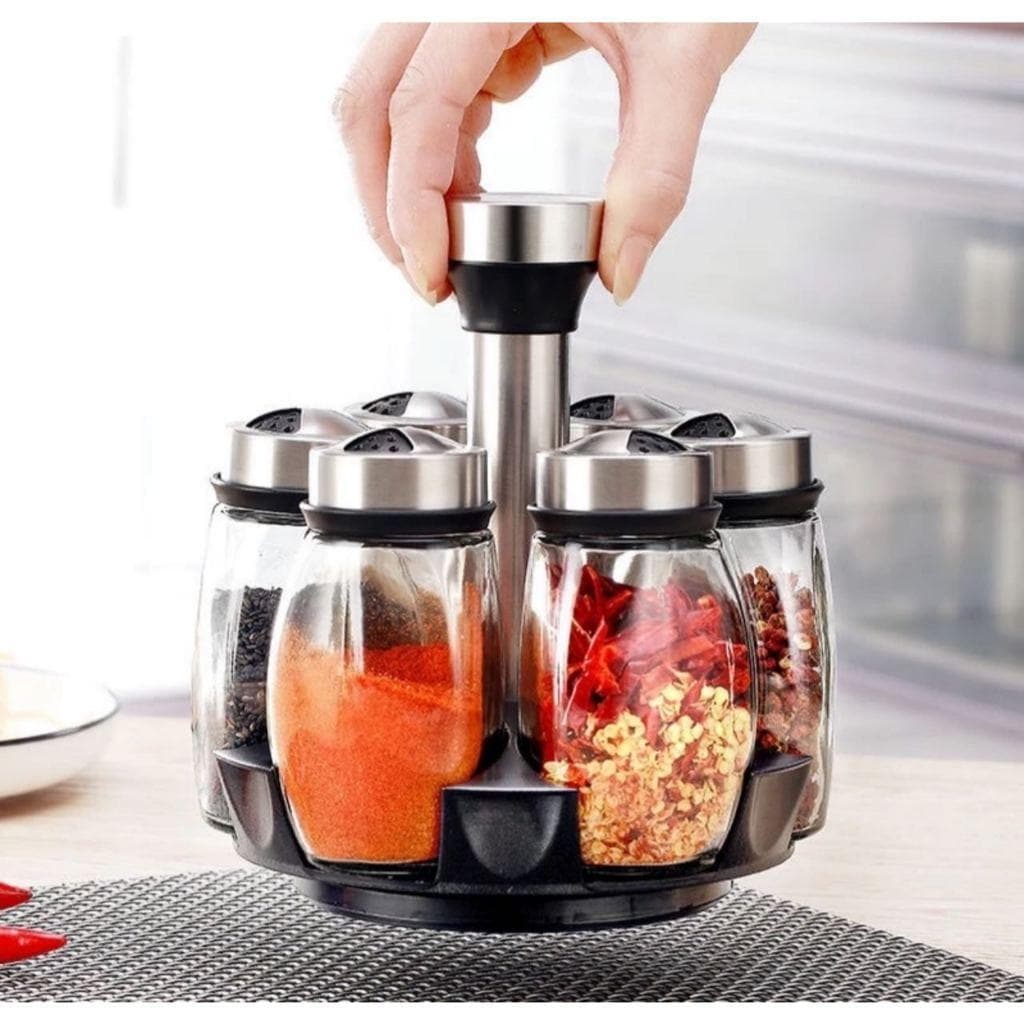 Porta Condimentos e Temperos Cozinha Giratório - Suporte com 6 Potes em Vidro + Suporte