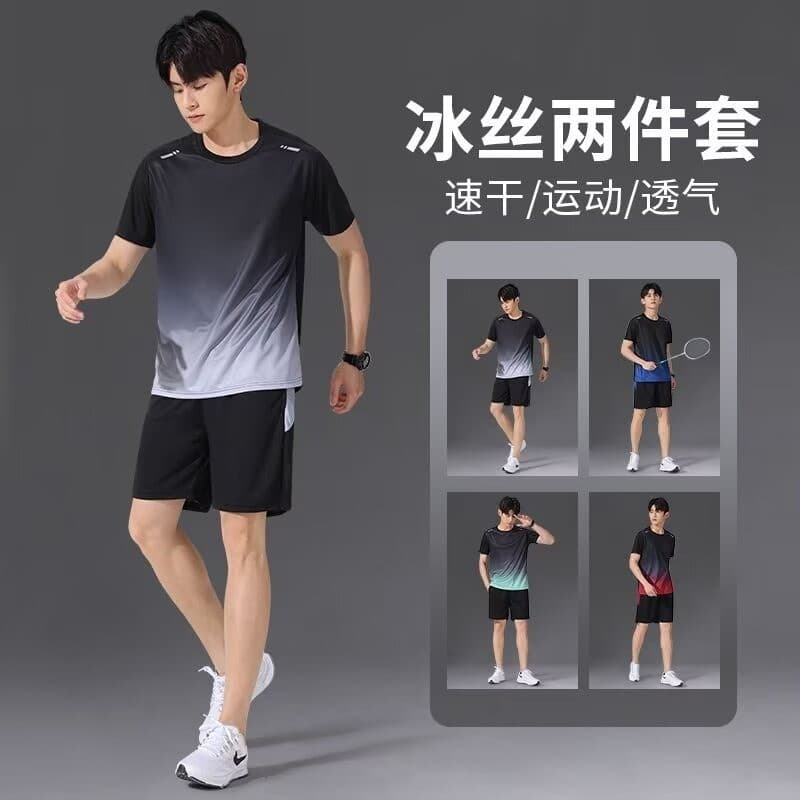 Terno esportivo de seda gelo masculino correndo camiseta de secagem rápida verão de manga curta solta roupas de Fitness