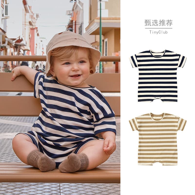 Roupas de verão para bebês [estilo listrado] Influenciador em estilo macacão listrado para bebês fino macacão externo pa
