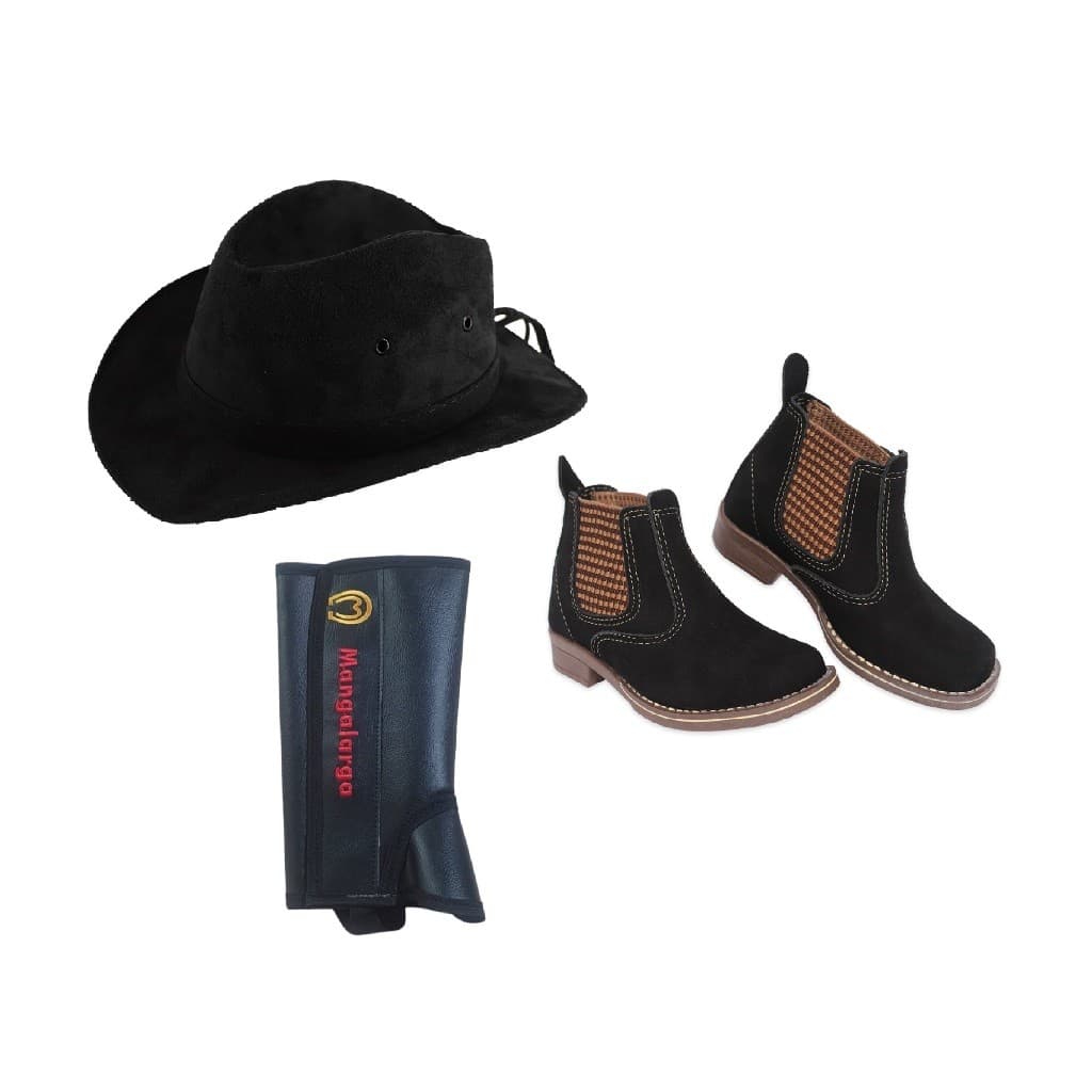 Kit Infantil Chapéu Country + Perneira Sintética Para Criança + Botina Cowboy Couro