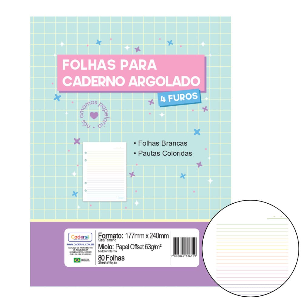 Bloco Refil Fichario caderno argolado 80 Fls Colegial Pauta Colorida Cadersil