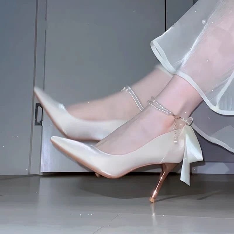 Sapatos de cetim francês feminino diário Wearable dama de honra combinando saia casamento sapatos Stiletto adulto cerimô