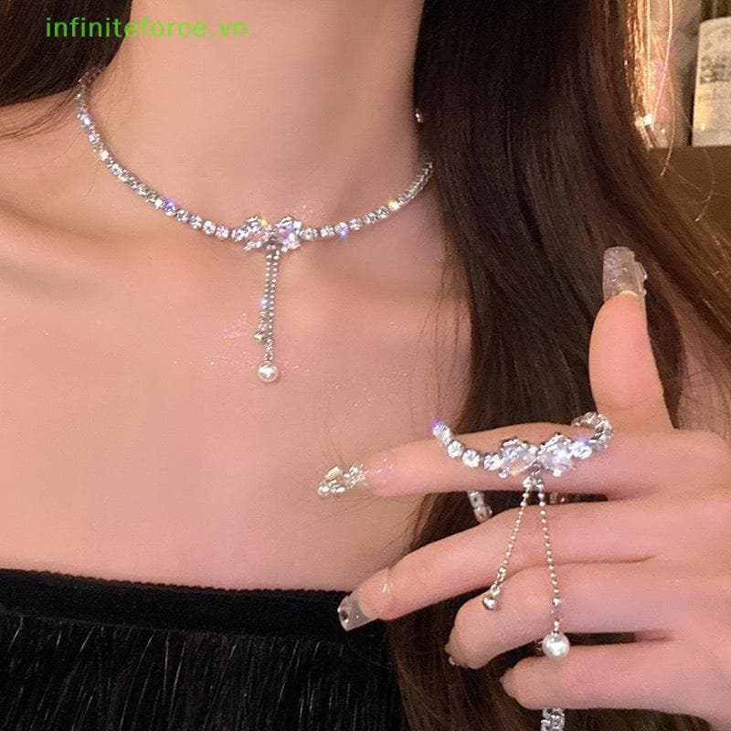 INVN Moda Bowknot Pérola Pingente Nelace Punk Brilhante Strass Clavícula Corrente Para Mulheres Meninas Y2K Acessórios D