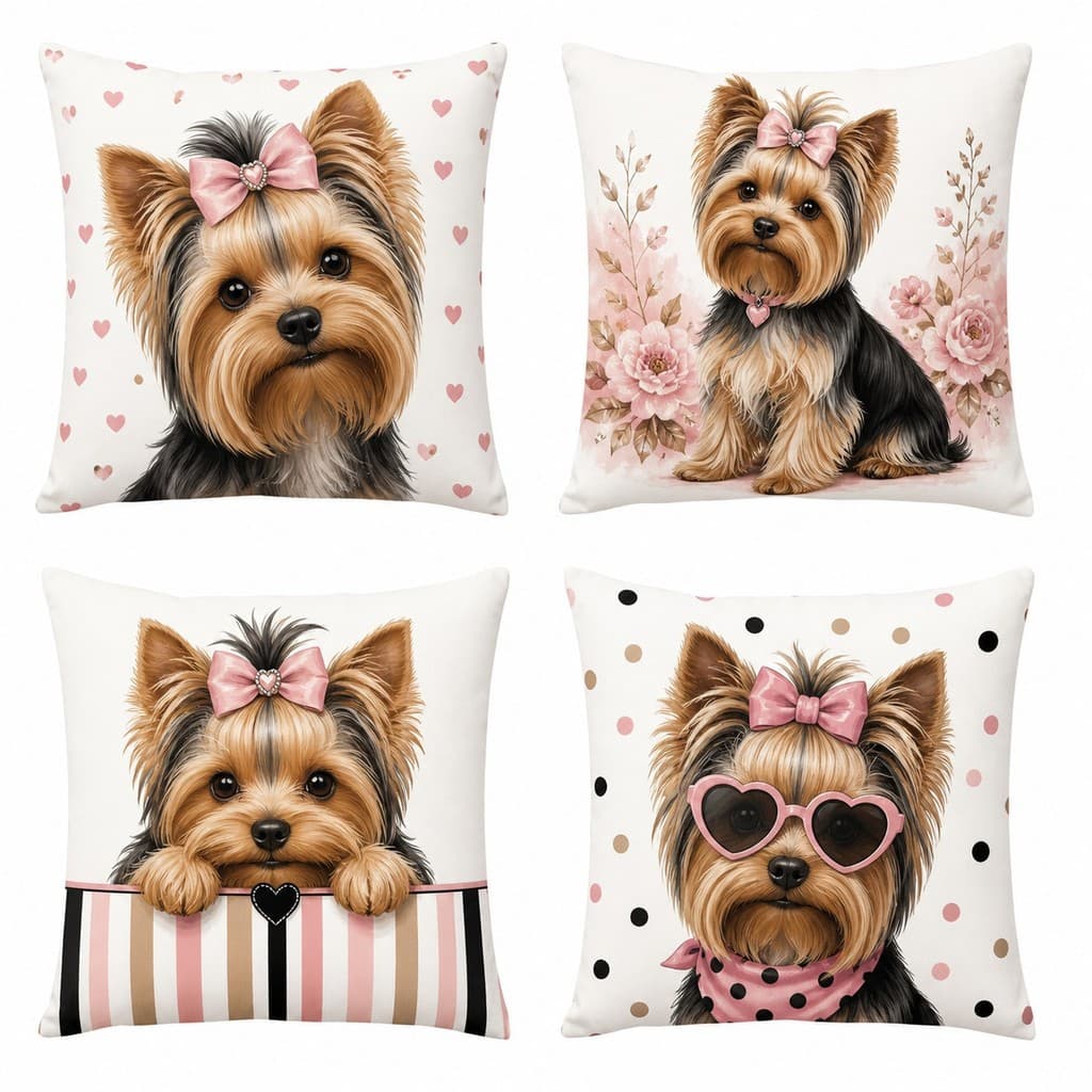 Kit 4 Capas de almofadas decorativa estampa CACHORRINHO YORKSHIRE 45X45