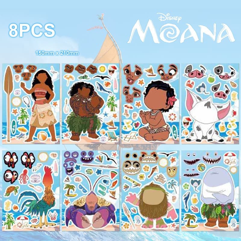 8pcs/set Disney Cartoon Moana Puzzle Stickers Para Crianças Autocolantes O Rosto De Bricolage Amor Reward