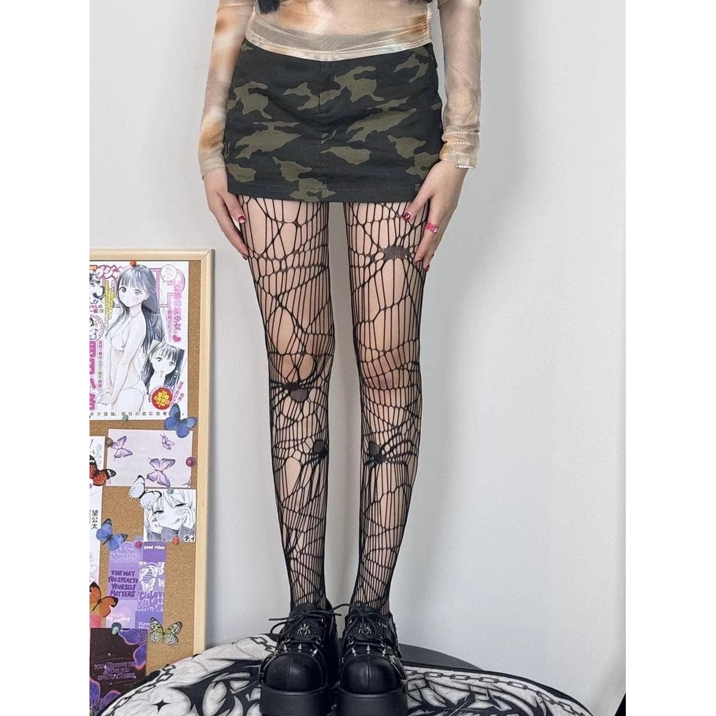 Meia-calça arrastão com teia de aranha preta, Design de Halloween, meias exclusivas, estilo Harajuku, meias de rede de c