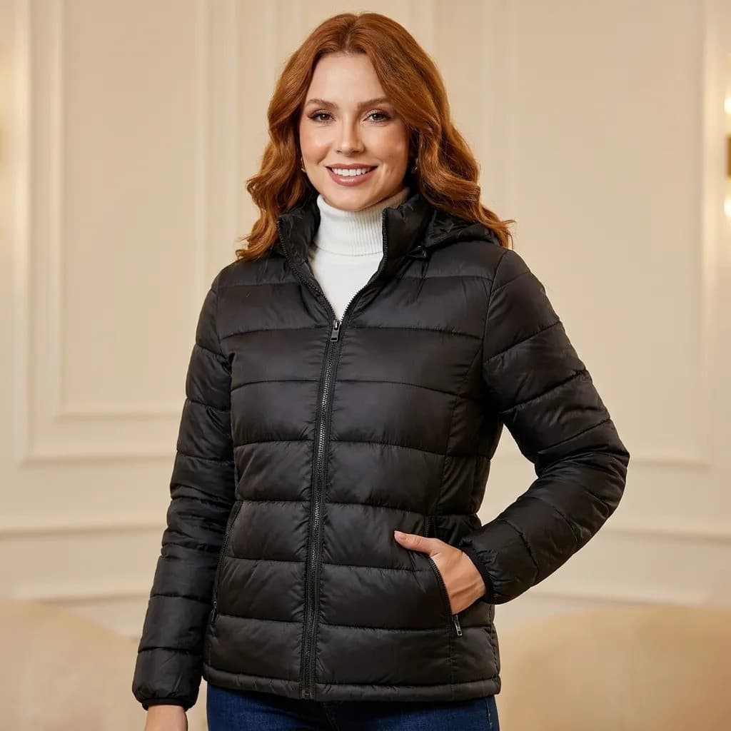Jaqueta Puffer Feminina Capuz Removível Casaco Inverno 2026