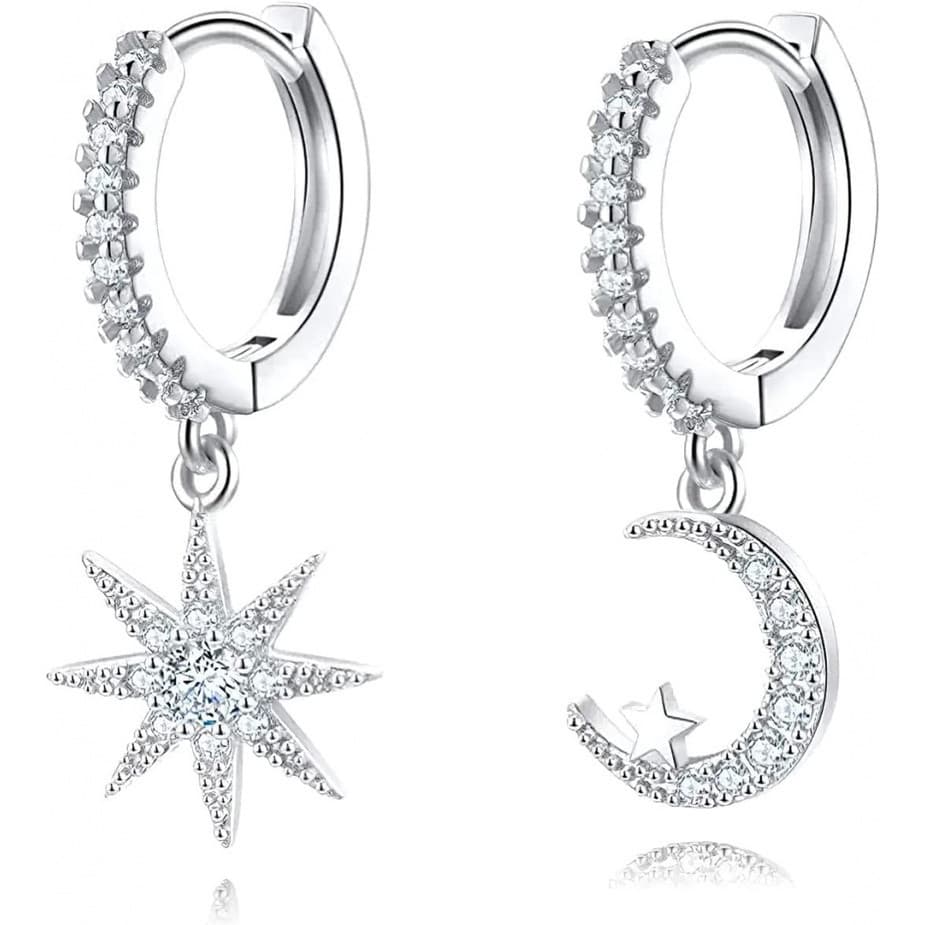 Brincos de argola pequenos com zircônia cúbica e pingentes de lua e estrela, brincos femininos hipoalergênicos, diâmetro