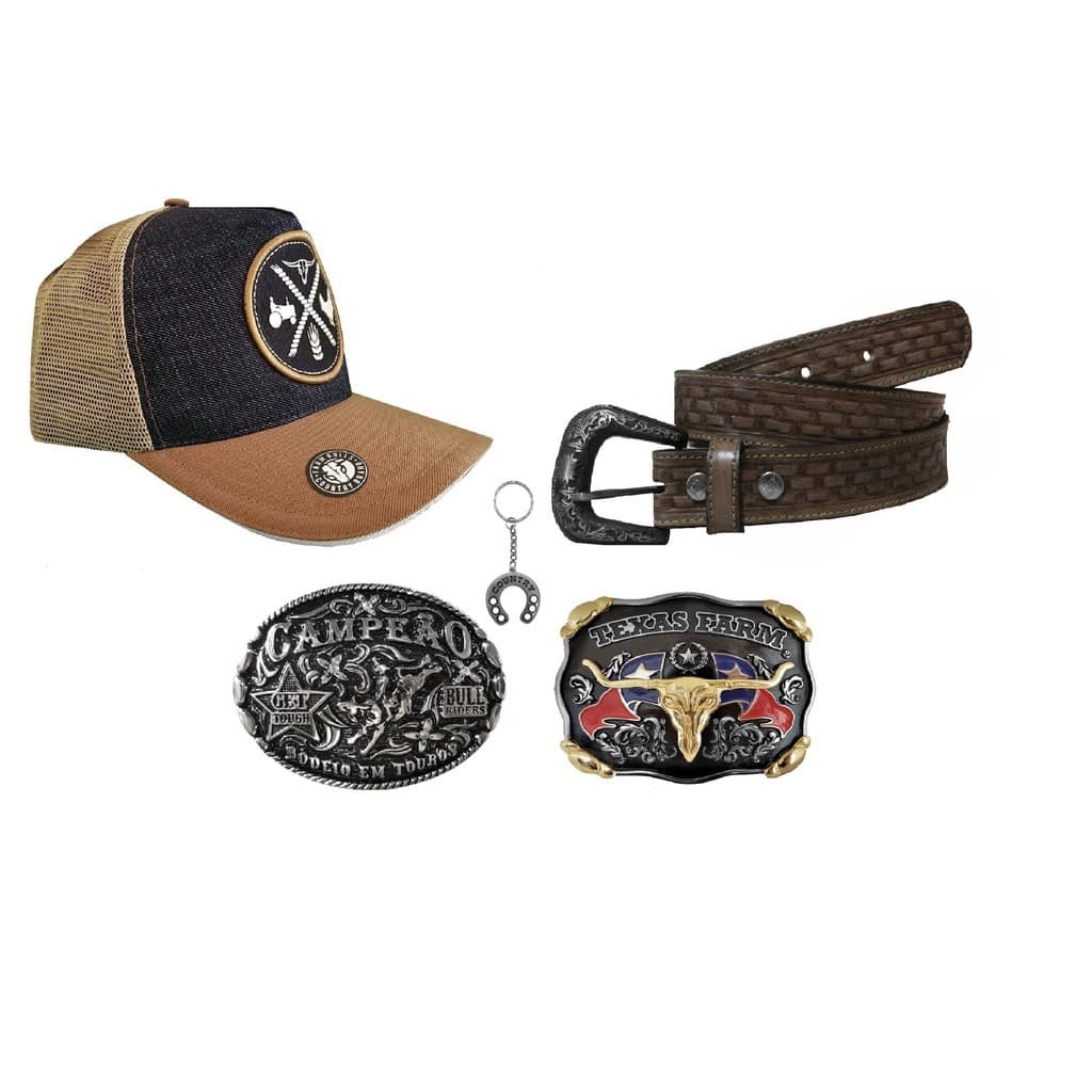 Kit Boné Country Farm Bulls Agro + 2 Fivelas Cowboy Texas Farm Campeão + Cinto Cowboy Couro Brinde Chaveiro