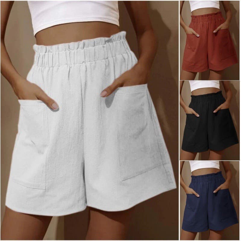 Shorts de linho de algodão feminino cintura alta solto tamanho grande perna larga calças casuais