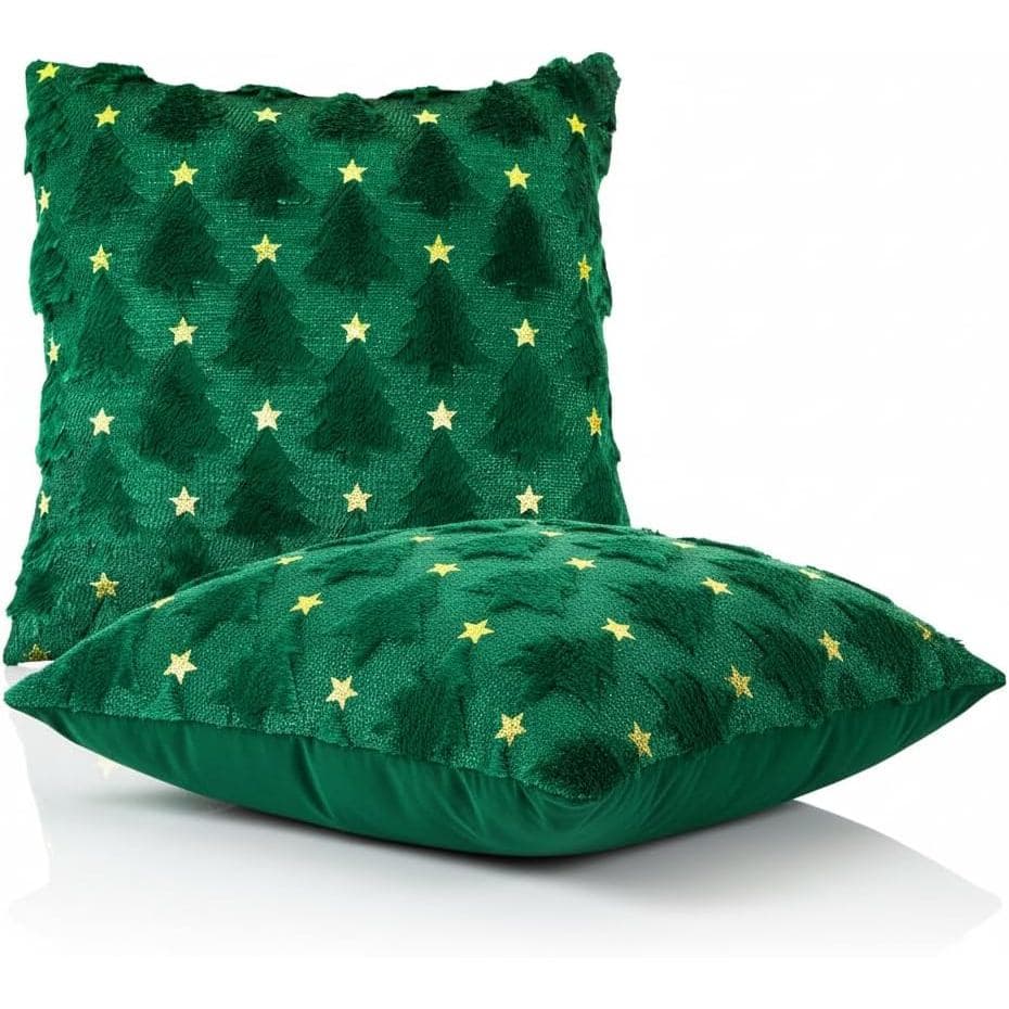 Capas de Almofada de Natal 18x18 Polegadas, Conjunto de 2, Capas de Almofada com Estrela Dourada e Árvore de Natal Verde