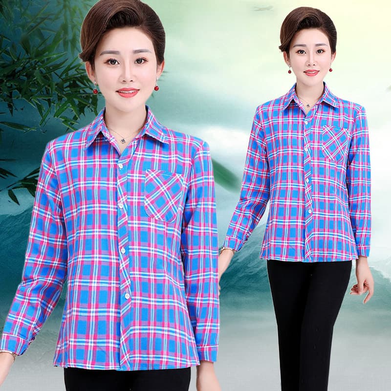 Cardigan de meia-idade camisa para idosos de meia-idade mãe manga comprida t camisa xadrez puro algodão primavera blusa