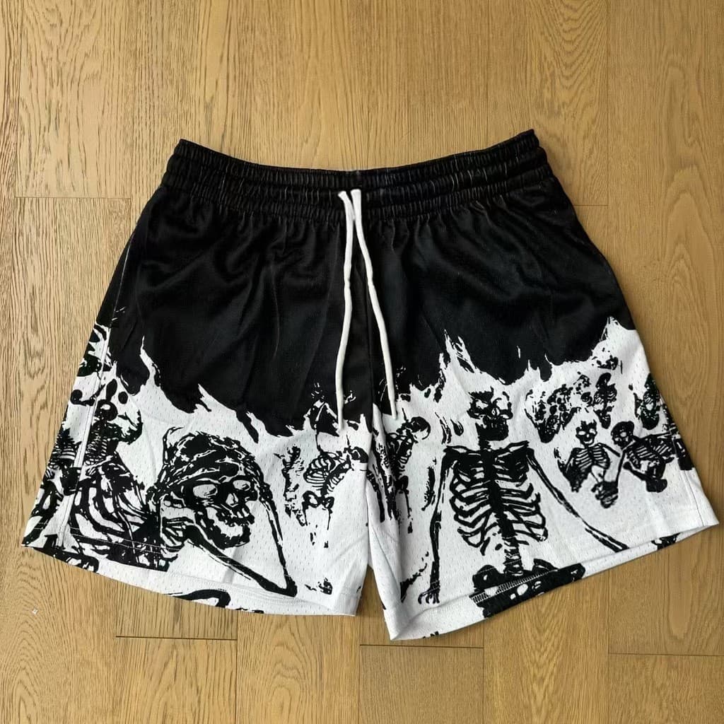 2025 Street Wear American Skull Basketball Shorts masculinos Street Wear Estudantes na altura do joelho Fitness Calças d