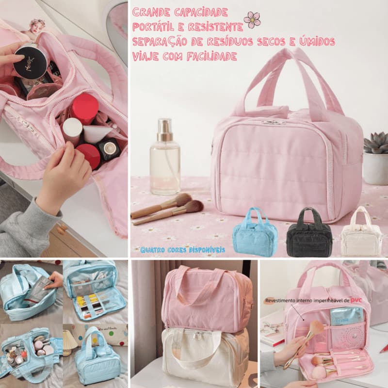 Bolsa Maquiagem 2 Aberturas Largas, Compartimentos Separados, Design Fofo Simples, Portátil, 4 Cores, Grande Capacidade