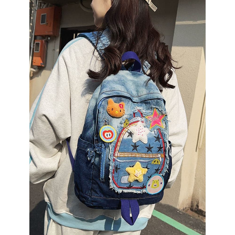 Mochila feminina fofa Original Denim Y2K cultura asiática estrela nicho novo estilo mochila cor combinando rua pequena m