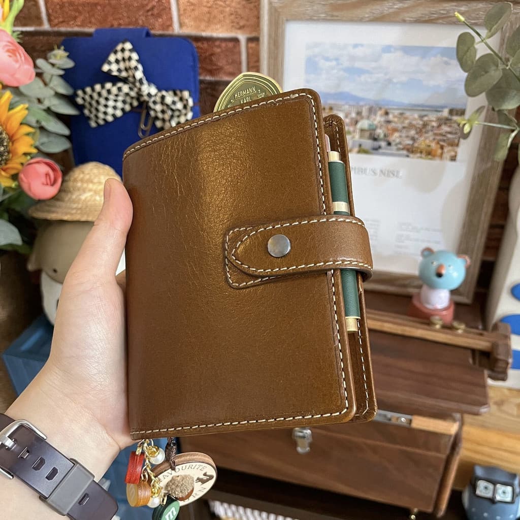 Caderno Manual M5 Avançado de Couro Marrom com Folhas Soltas Mini Portátil FIKD